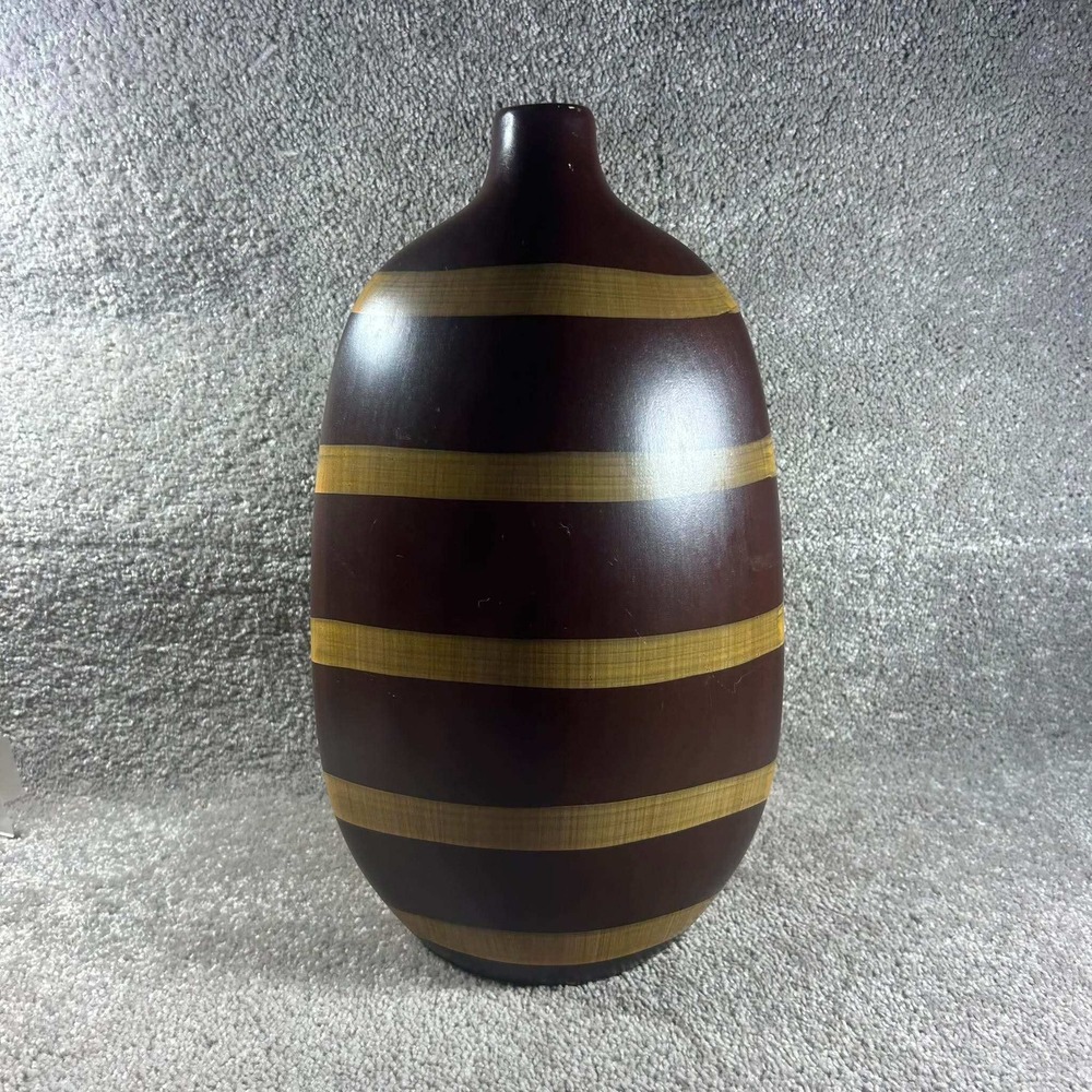 Wooden Striped Floor Vase Brown Tan Mid Century Modern Handcrafted Decor 14in